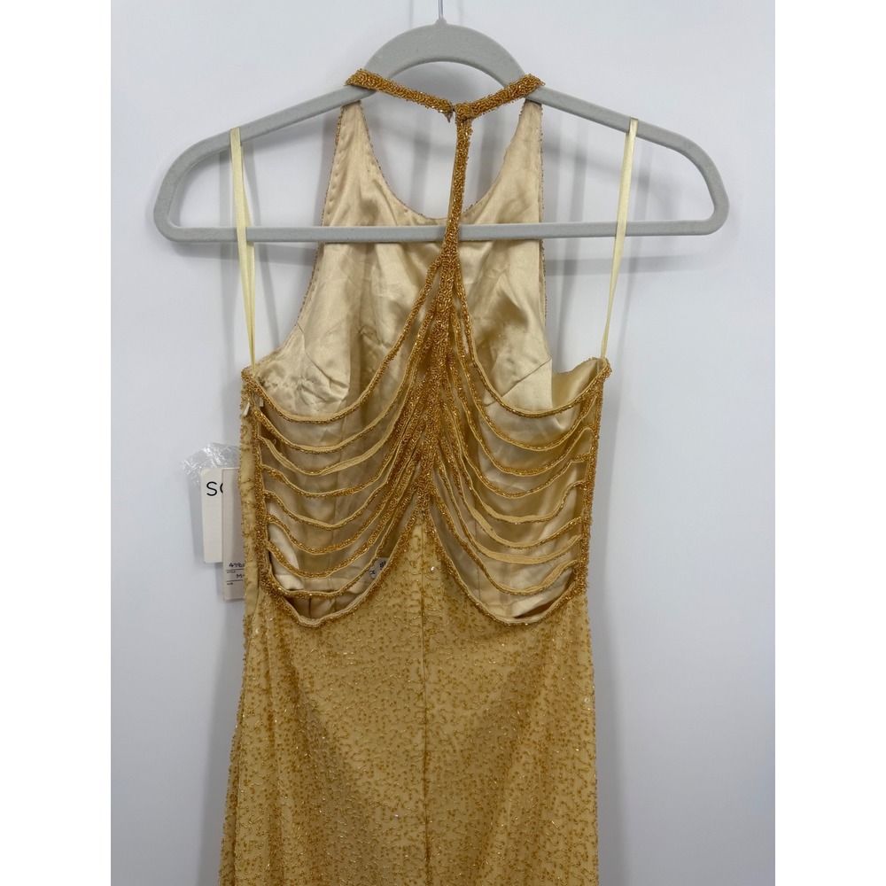 Scala 47815L Beaded Silk Halter Gown Women Size M Yellow Gold Open Back Formal - Picture 3 of 12